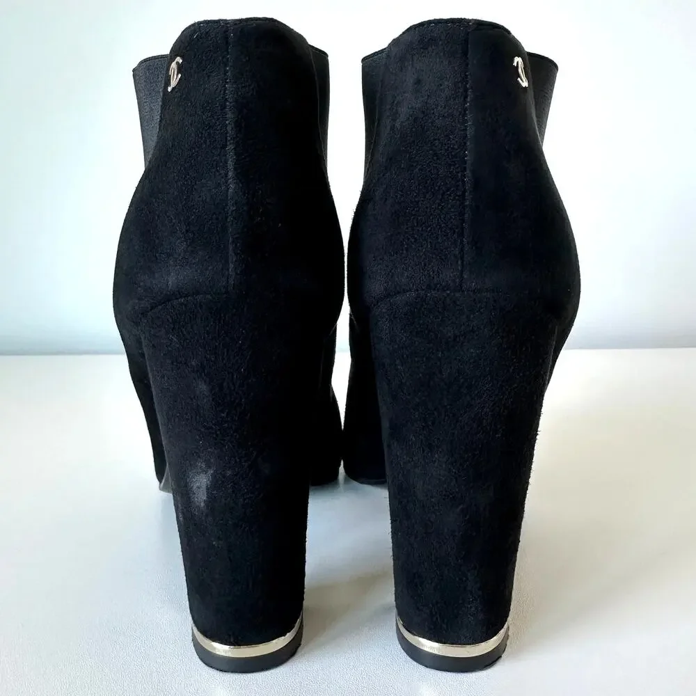 CHANEL Black Suede Gold Logo Chelsea Heel Ankle Boots IT 39.5